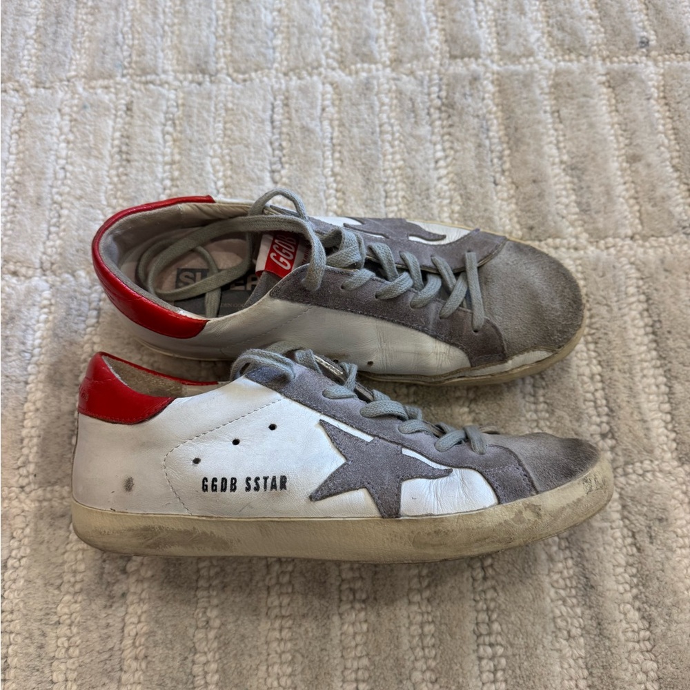Golden Goose Superstar sneakers in white, red, and violet star, size 37